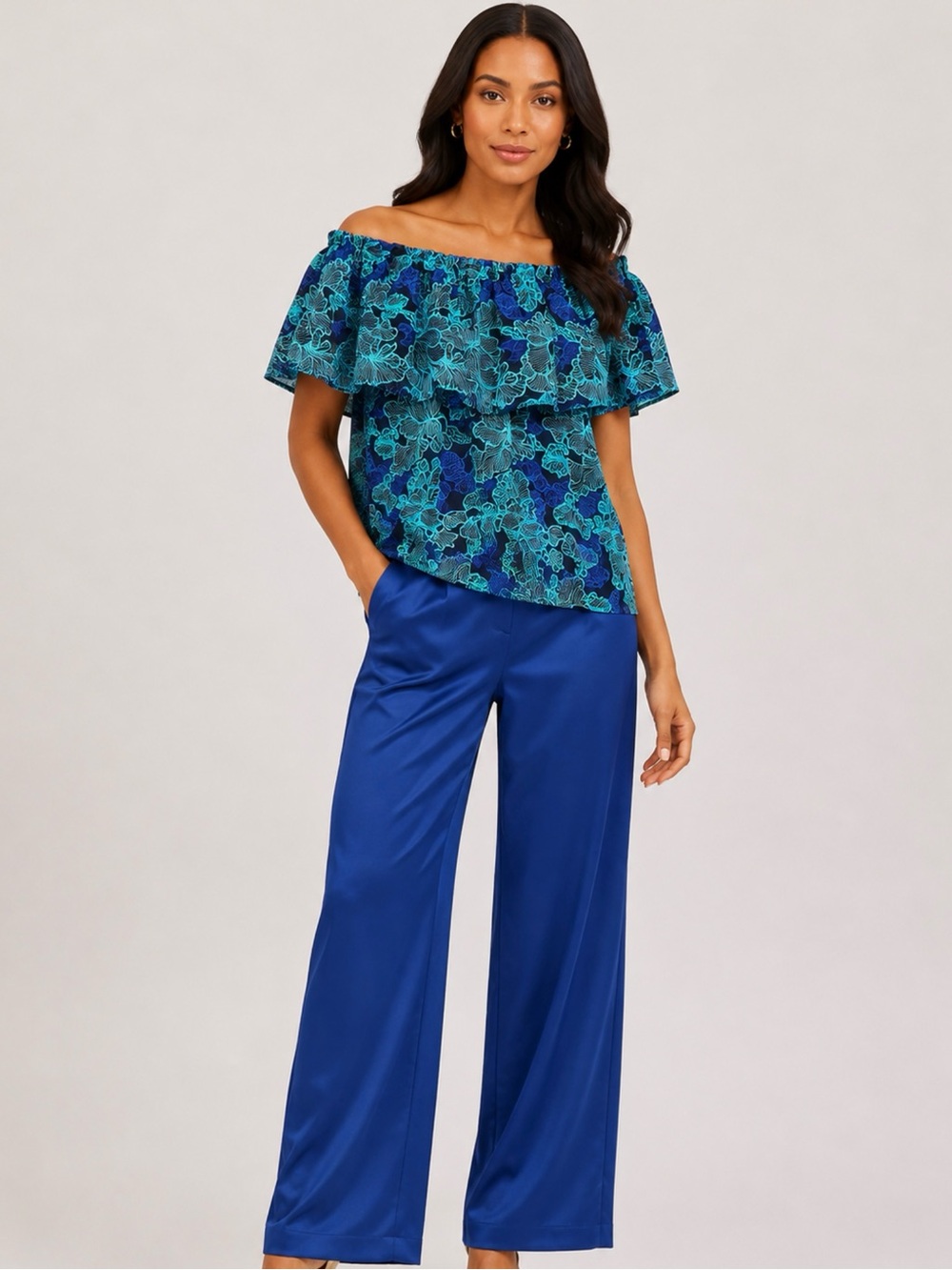 Trina Turk Blue Floral Off-Shoulder Top with Royal Blue Wide-Leg Pants
